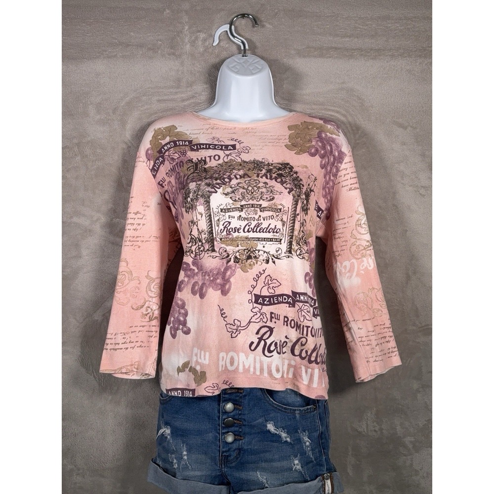 Nicole Miller Shirt Womens Size Large Pink Y2K Graphic Grapes Art Top Baby Tee